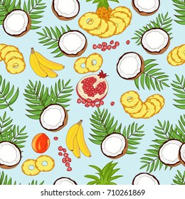 Background, wallpaper, seamless. Pineapple, coconut, banana, pomegranate, peach, apricot. Sketch doodle. Blue background.
