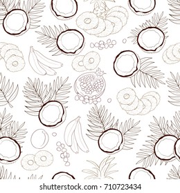 Background, wallpaper, seamless. Pineapple, coconut, banana, pomegranate, peach, apricot. Sketch doodle. Monochrome