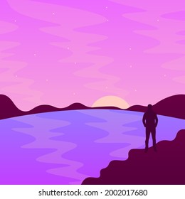 Fondo De Pantalla De Fondo Cielo De Amanecer Y Mar O Lago Con Estrellas Y Montañas Hombre Silhouette Pink Morado Diseño Vector De Borgoña