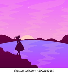 Background Wallpaper Sunset Sky And Sea Or Lake With Stars And Mountains Woman Silhouette Pink Purple Burgundy Vector Design