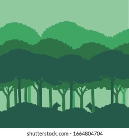 Hintergrundbilder von grünem großen Baum im Wald mit zwei Wolfen