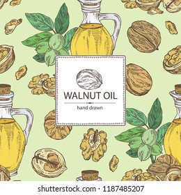 Background with walnut and bottle of walnut oil. Vector hand drawn illustration