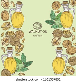 Background with walnut and bottle of walnut oil. Vector hand drawn illustration