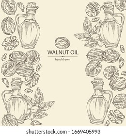 Background with walnut and bottle of walnut oil. Vector hand drawn illustration