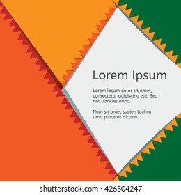 Background in warm colors. Business cover template. Presentation of the text. Geometric pattern on the surface. Decoration with paper flags. Colorful design of the album. 
