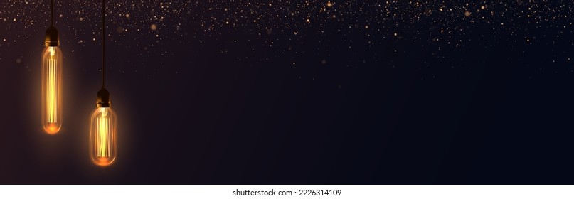 Background with warm light Edison light bulbs and golden glitter.