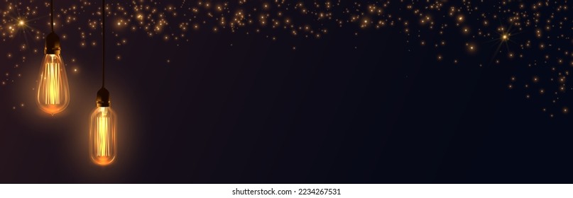 Background with warm light Edison light bulbs and golden glitter.