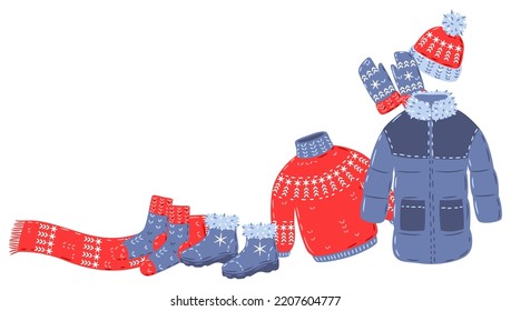 Background with warm winter clothes. Illustration for advertising and marketing.