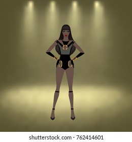 Background warm yellow gold shade, scenical light, African-American girl with long dark hair, black bodysuit with olive inserts, long gloves on her hands, gold bracelets, high heels shoes.