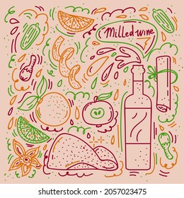 Background with warming mulled wine and wine. Illustration linear recipe apples, citrus peel, cinnamon. Doodle pattern with hot drink. Vector illustration