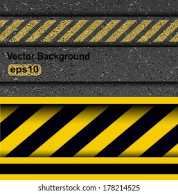 Background with warning stripes on vector asphalt texture.