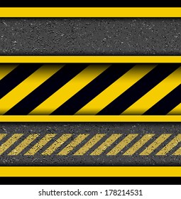 Background with warning stripes on vector asphalt texture.