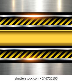 Background with warning stripes on vector metal texture.