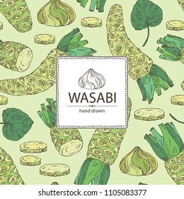 Background with wasabi: root, leaves and a piece of wasabi root. Vector hand drawn illustration.