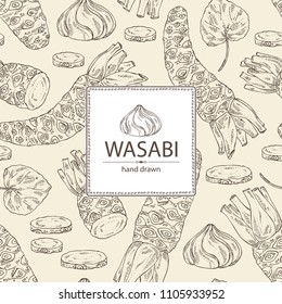 Background with wasabi: root, leaves and a piece of wasabi root. Vector hand drawn illustration.