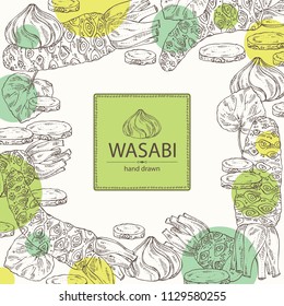 Background with wasabi: root, leaves and a piece of wasabi root. Vector hand drawn illustration.