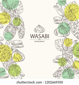 Background with wasabi: root, leaves and a piece of wasabi root. Vector hand drawn illustration.