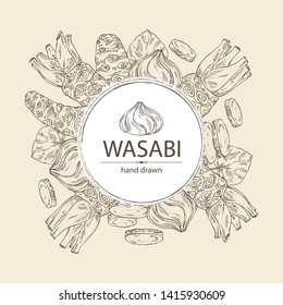Background with wasabi: root, leaves and a piece of wasabi root. Vector hand drawn illustration.