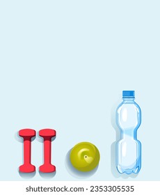 Background with water bottle, dumbbells and apple. Keep healthy. Blue background for design. Suitable for design, print, web design. 