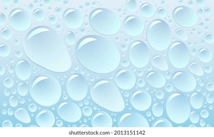 Background of water droplets on the surface in light blue colors. Rain droplets for transparent surface. Pure water bubbles isolated. Many forms and sizes. Aqua background. Vector illustration EPS10.