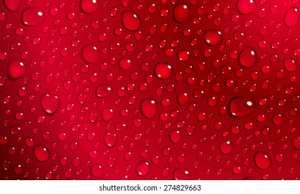 Background of water droplets on the surface in red colors