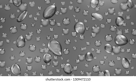Background of water drops and bubbles of different shapes in gray colors