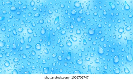 Background of water drops of different shapes with shadows in light blue colors