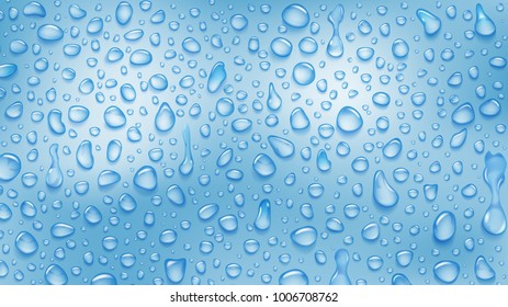 Background of water drops of different shapes with shadows in light blue colors