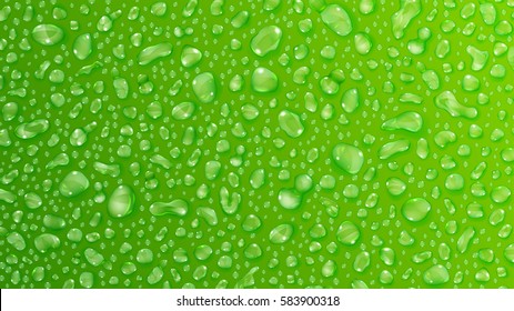 Background of water drops on the some surface in green colors.