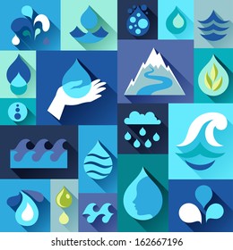 Background With Water Icons In Flat Design Style.