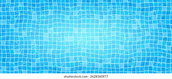 Background of the water in the pool, top view. Abstract illustration of a swimming pool tile pattern in vibrant blue shades. The rippled water effect creates a sense of movement and freshness.