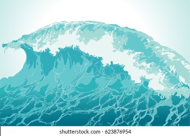 Background water splash in blue color. Crest wave foam on the sea, the ocean. Hand-drawn vector illustration in realistic style.