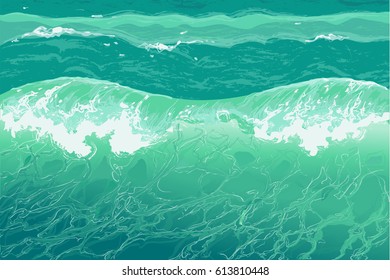 Background water splash in green color. Crest wave foam on the sea, the ocean. Hand-drawn vector illustration in realistic style.