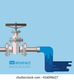 Background water supply with pipe, valve on the pipe and clean water flowing out from pipe. Vector flat design illustration.