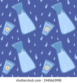 Background with water vessels. Background with a decanter and a glass. In a circle of blue drops. Blue pattern for kitchen textiles. Vector postcard with water. Vector illustration