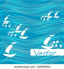 Background water waves ships. Vector abstract concept design. Blue background stripes. 