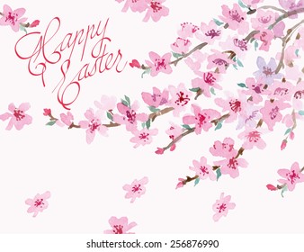 ?aster background  with  Watercolor  Blossoming cherry branch. Vector illustration