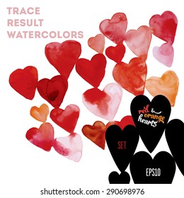 Background watercolor hearts. Composition with red and orange hearts, different tonality. White background.