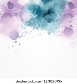 Background with watercolor  paint  splashes and copyspace. In light blue and purple colors. Template for your designs