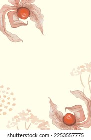 Background with watercolor physalis and leaves. Abstract art background vector design for wedding and vip cover template. EPS10