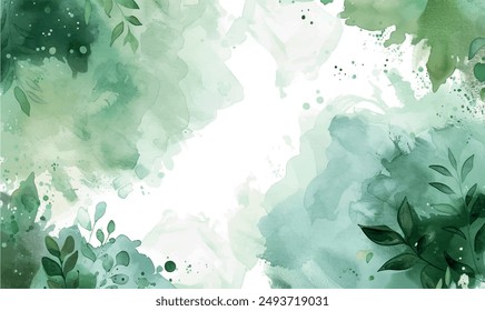 Background watercolor rectangle frame, green colors, leaves	