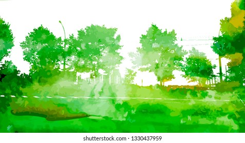 Background with watercolor tree silhouettes