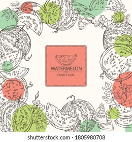 Background with watermelon: watermelon fruit and slice. Vector hand drawn illustration