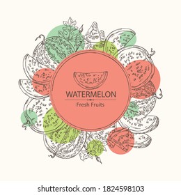 Background with watermelon: watermelon fruit and slice. Vector hand drawn illustration