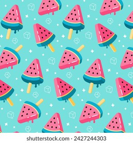 Background with watermelon ice cream on blue. Fresh and juicy fruits. Popsicle, ice. Bright cute summer cartoon seamless pattern.