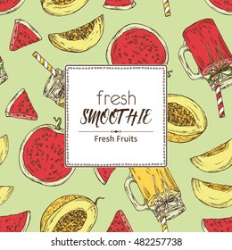 Background with watermelon and melon smoothie. hand drawn