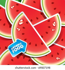 Background from watermelon slices with an arrow by organic food. Vector illustration.