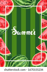Fondo con sandías y rodajas. Ilustración decorativa de frutas de verano.