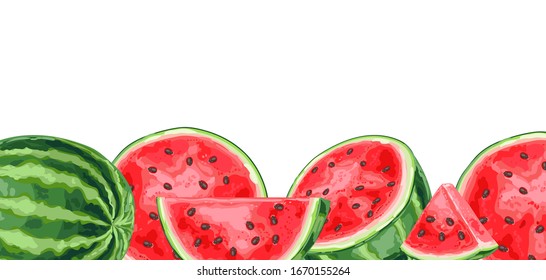Background with watermelons and slices. Summer fruit decorative illustration.