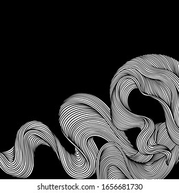 Background with wave line curls. Monochrome stripes black and white texture. Wavy abstract fur or hair.